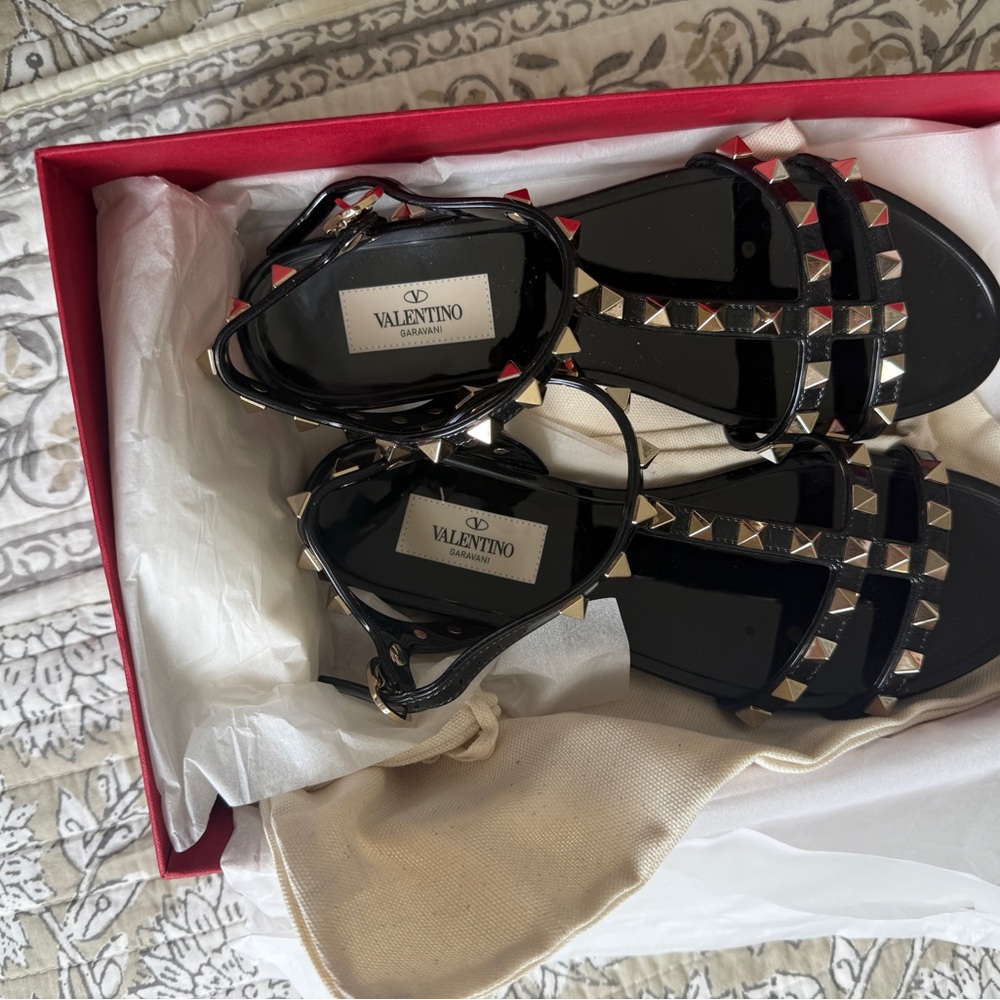 Valentino Black Rockstud Jelly Sandals with Gold Studs